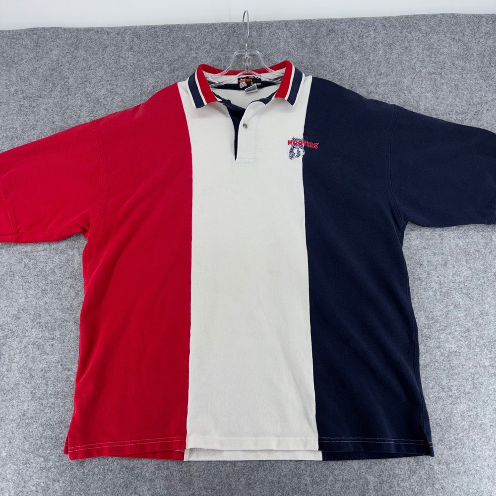 Vintage Hooters Vantage Polo Shirt Mens XL Colorblock Red White Blue Made in USA